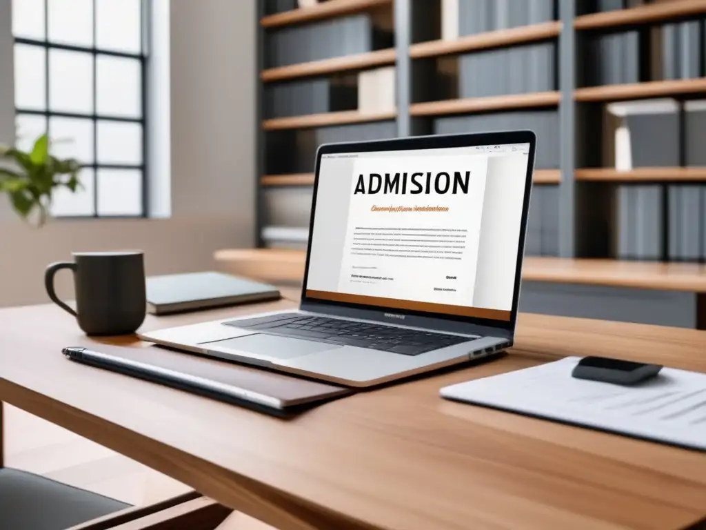 Escritorio moderno y profesional Escritorio moderno con laptop y notas sobre estrategias de admisión universitaria