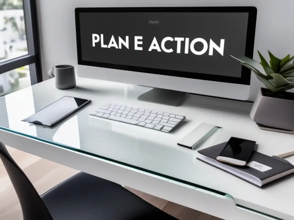 Escritorio moderno y organizado Escritorio moderno y minimalista con laptop y plan de acción para admisiones universitarias