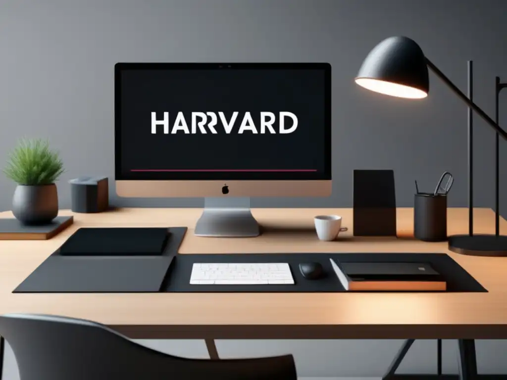Escritorio moderno y elegante con preparación universitaria Escritorio moderno y minimalista con laptop de alta gama y consejos para aplicar a Harvard