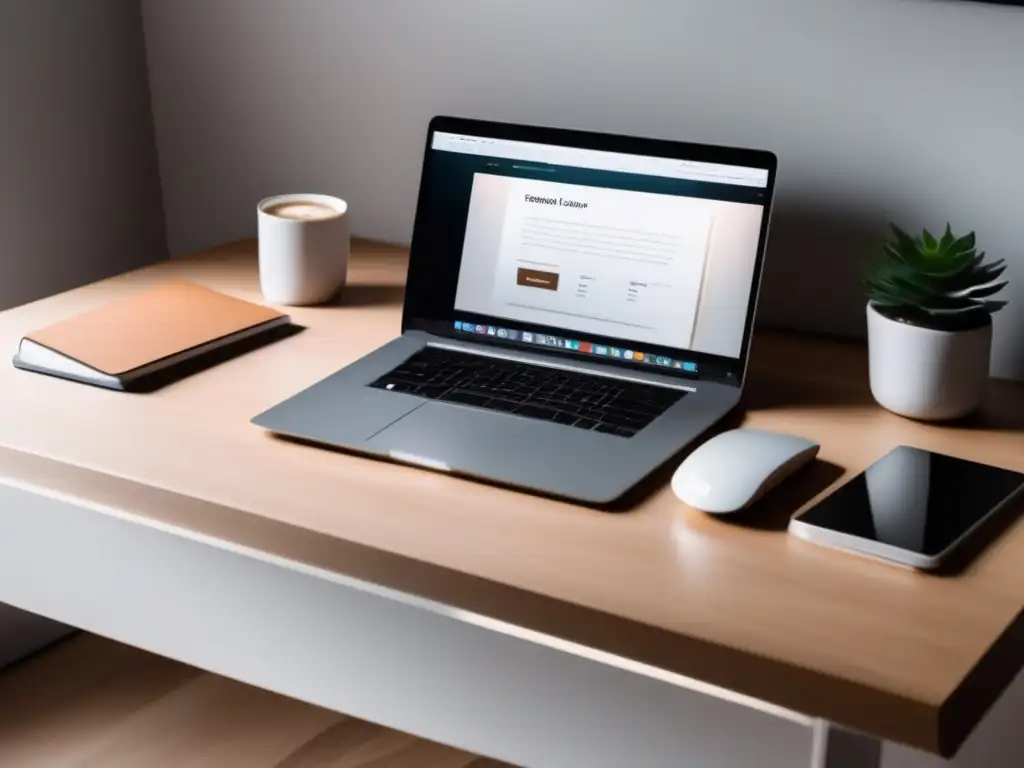 Escritorio minimalista y ordenado con laptop, bloc y café Escritorio moderno y minimalista con laptop, bloc de notas y café