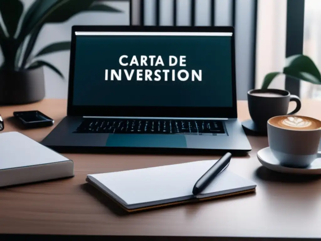 Escritorio moderno y profesional Escritorio moderno y organizado con laptop, notepad y carta de intención para maestría universitaria