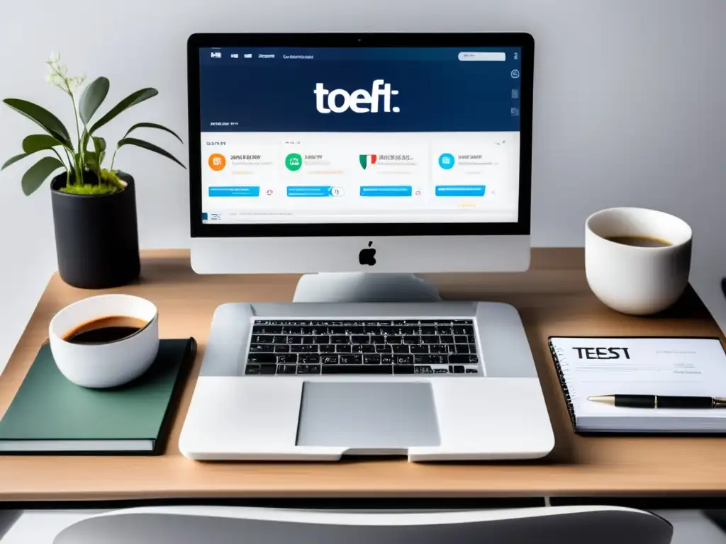 Escritorio moderno para estudiar TOEFL e IELTS Escritorio moderno y organizado con materiales de estudio, laptop y examen TOEFL e IELTS
