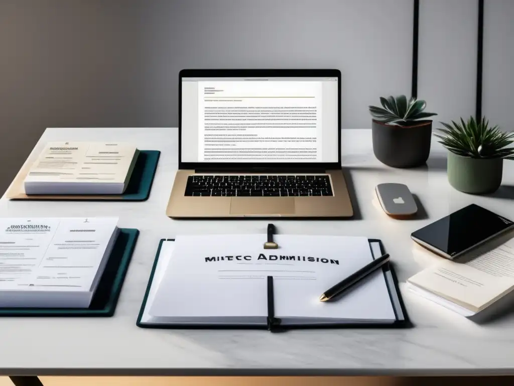 Organización precisa para admisión universitaria Escritorio moderno con portafolio y documentos de admisiones universitarias