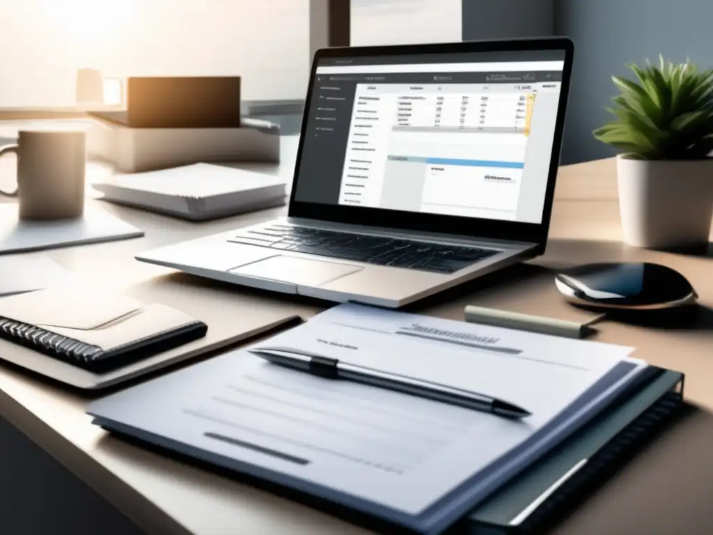 Escritorio organizado para admisiones Escritorio organizado con laptop, documentos, notas