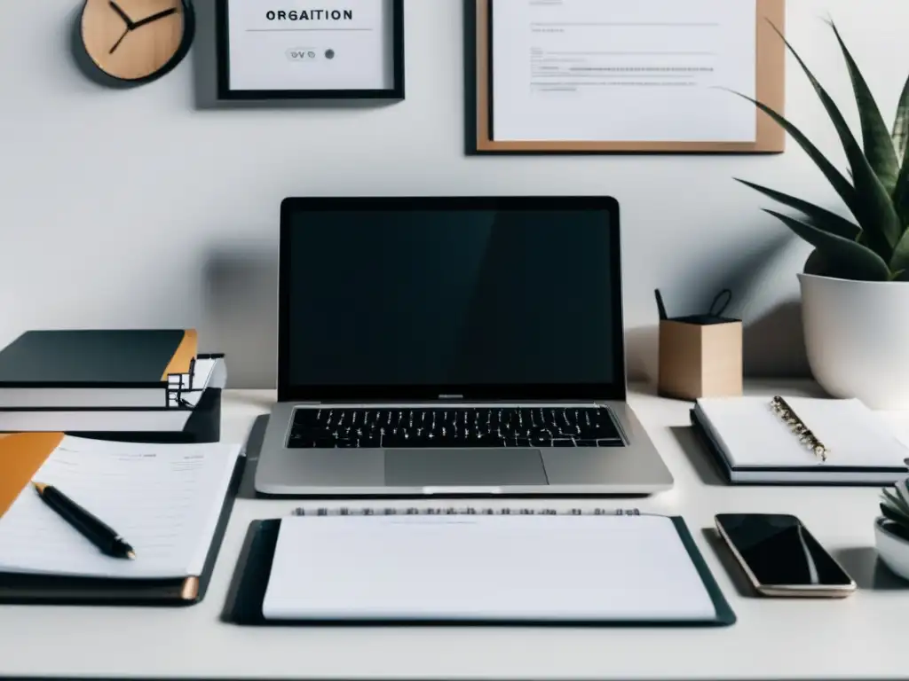 Escritorio organizado con laptop, CV y elementos Escritorio organizado con laptop, CV, notas y lámpara - Errores fatales CV universitario