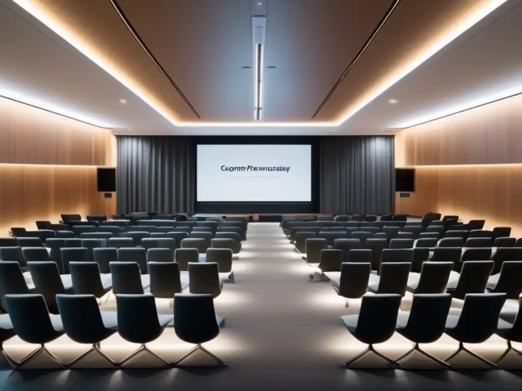 Sala de conferencias minimalista con sillas cómodas y pantalla moderna Espacio de aprendizaje con estrategias de persuasión universitaria