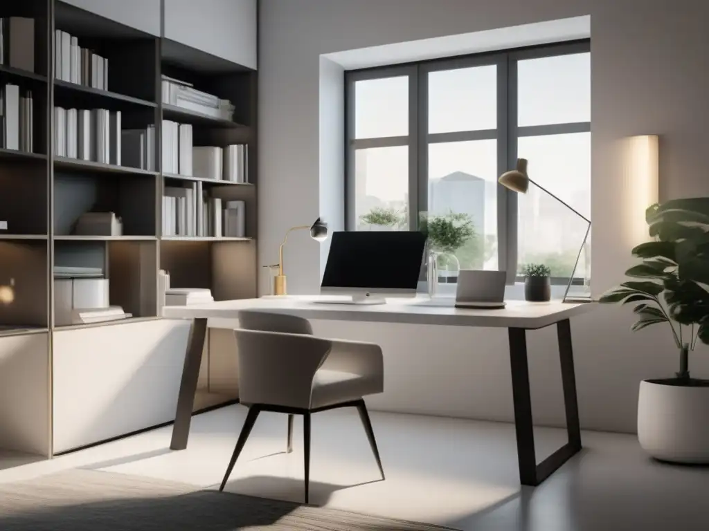 Espacio de estudio minimalista y moderno Espacio de estudio limpio y organizado con escritorio de mármol blanco, plantas y motivación para tus metas