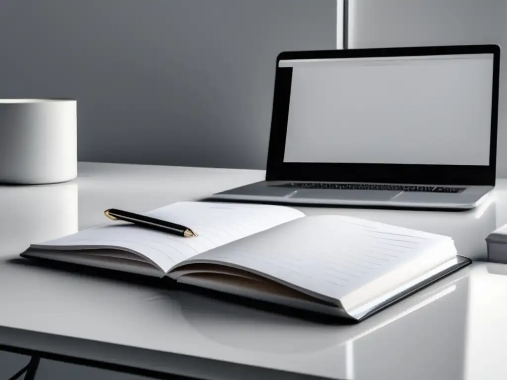 Espacio de estudio minimalista y moderno Espacio de estudio minimalista con escritorio de mármol, laptop, lámpara, reloj y notas organizadas