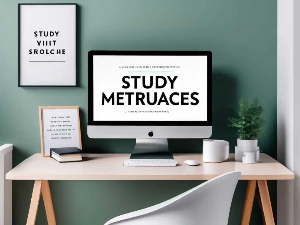 Espacio de trabajo minimalista y moderno Espacio de estudio minimalista con escritorio blanco, monitor grande y estrategias de estudio para exámenes de admisión digitales éxito