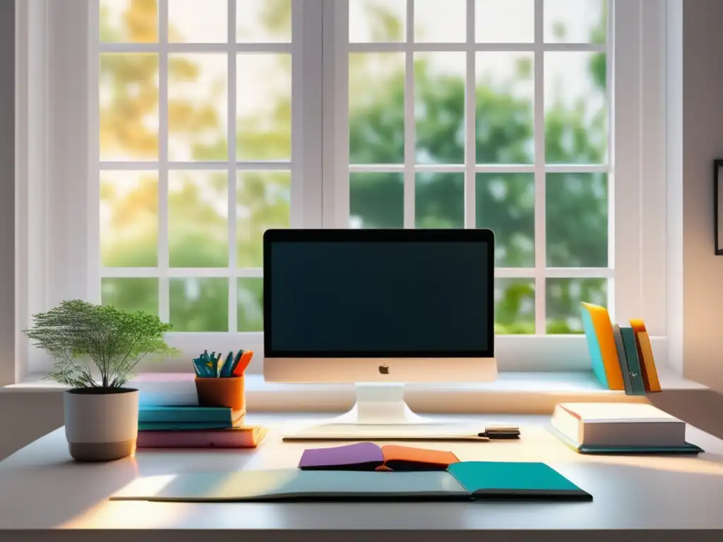 Espacio de estudio sereno con escritorio blanco y vista al jardín Espacio de estudio minimalista con escritorio blanco y ventana al jardín