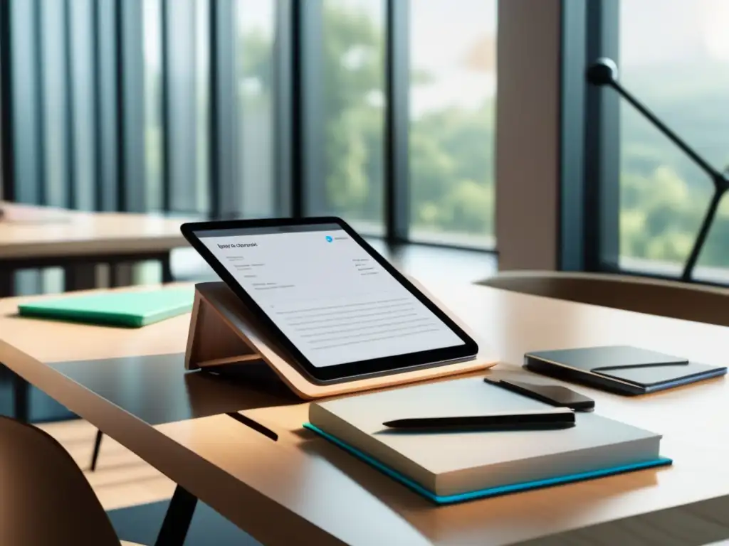 Espacio de estudio minimalista y moderno con escritorio de madera pulida Espacio de estudio minimalista con escritorio de madera pulida, tablet, marcadores y vista verde