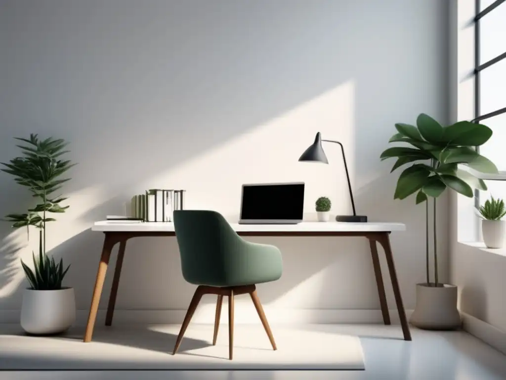 Espacio de estudio minimalista y moderno Espacio de estudio minimalista y moderno con escritorio blanco y silla ergonómica