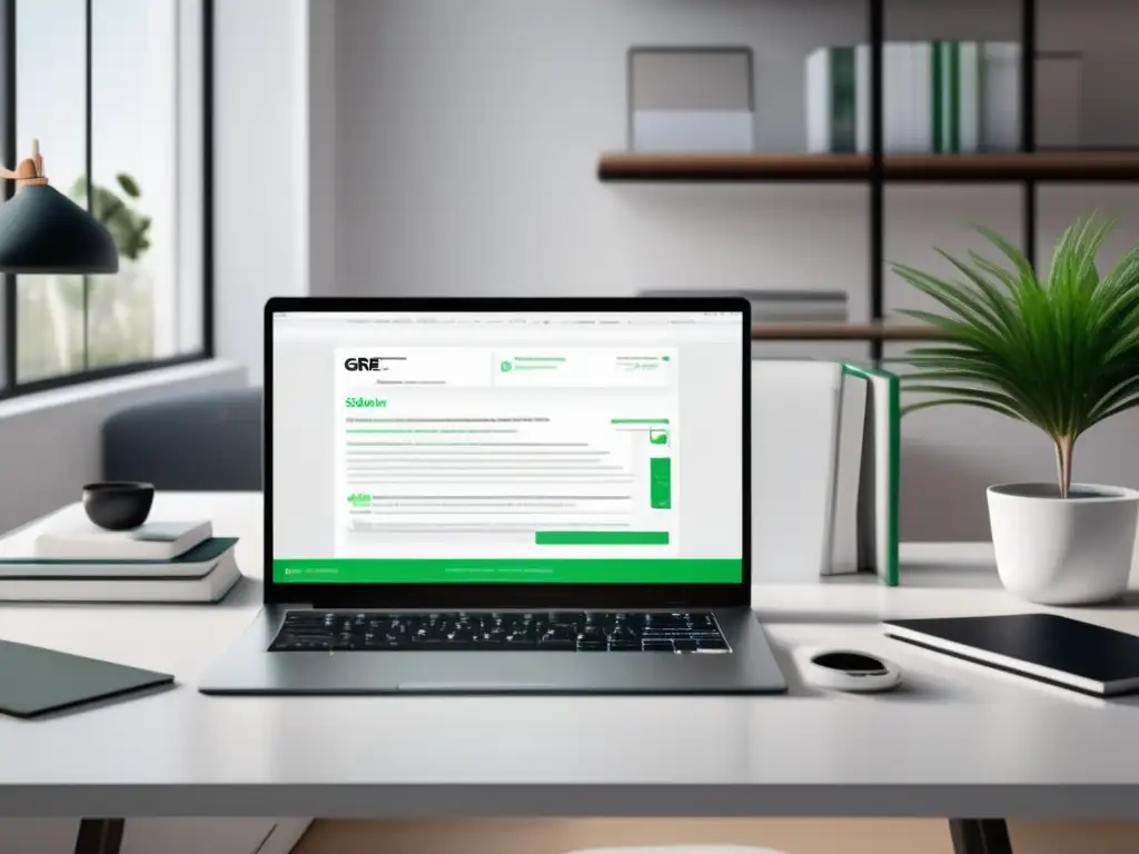 Un espacio de estudio minimalista y moderno Espacio de estudio minimalista y moderno con escritorio blanco, libros de estudio GRE y portátil de alta tecnología
