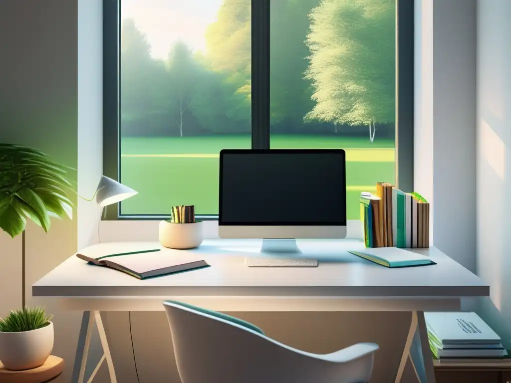 Espacio de estudio sereno y minimalista Espacio de estudio sereno con escritorio blanco y vista a paisaje verde - Técnicas para superar miedo a exámenes