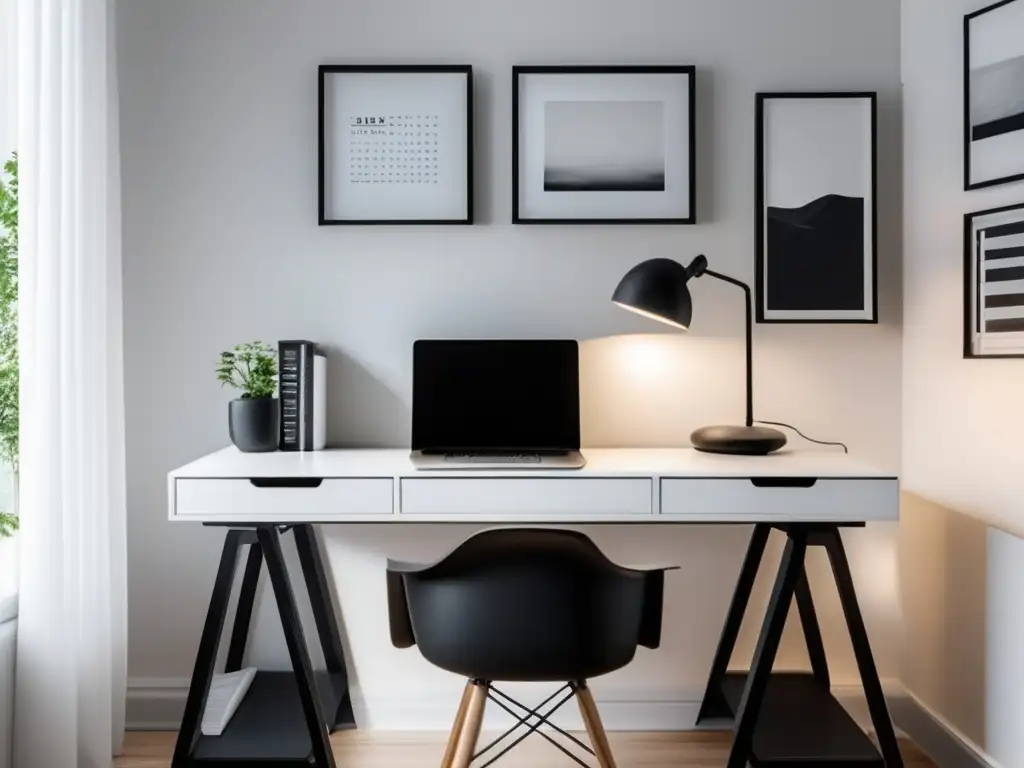 Espacio de estudio sereno y minimalista Espacio de estudio sereno y minimalista con escritorio blanco, lámpara negra y laptop