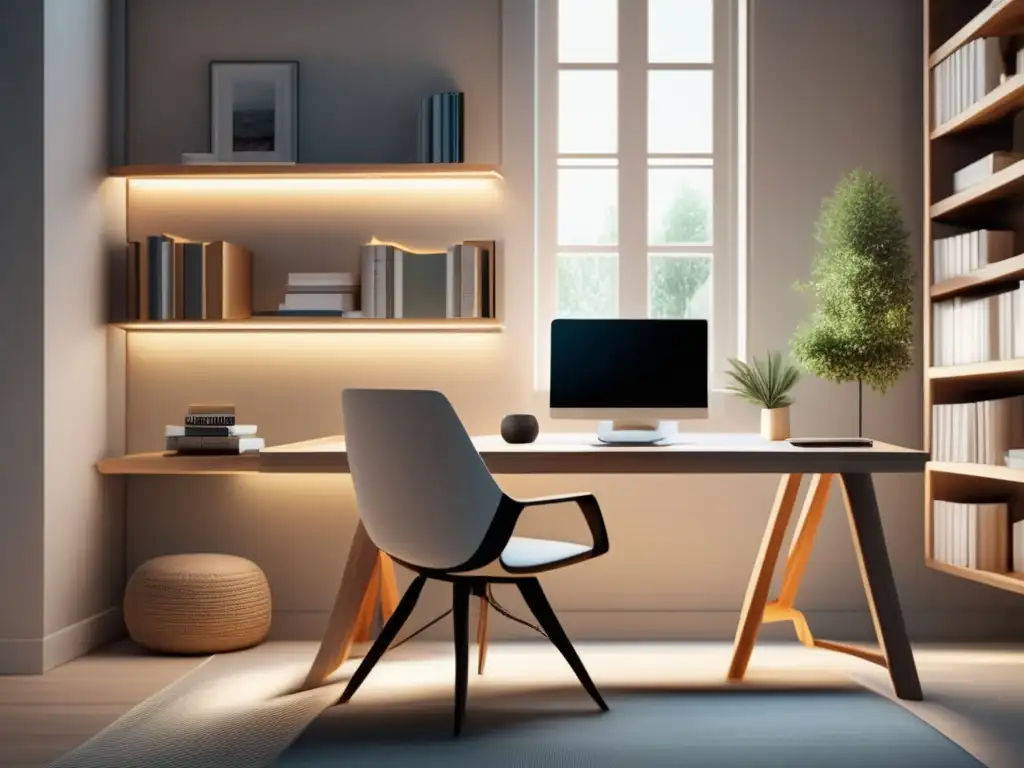 Espacio de estudio minimalista y relajante Espacio de estudio sereno y minimalista con escritorio de madera clara, libros, laptop y consejos para manejar el estrés de admisión a maestrías