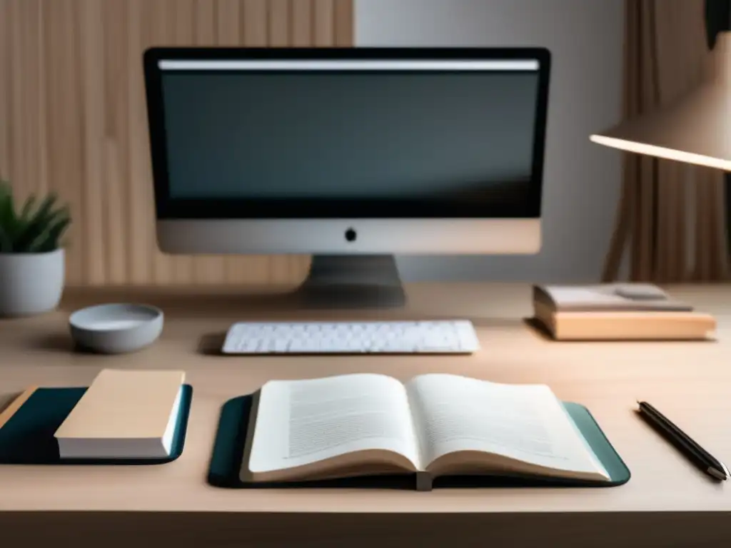 Espacio de estudio minimalista y tranquilo Espacio de estudio sereno y minimalista con escritorio de madera clara, libros organizados y ventana con jardín