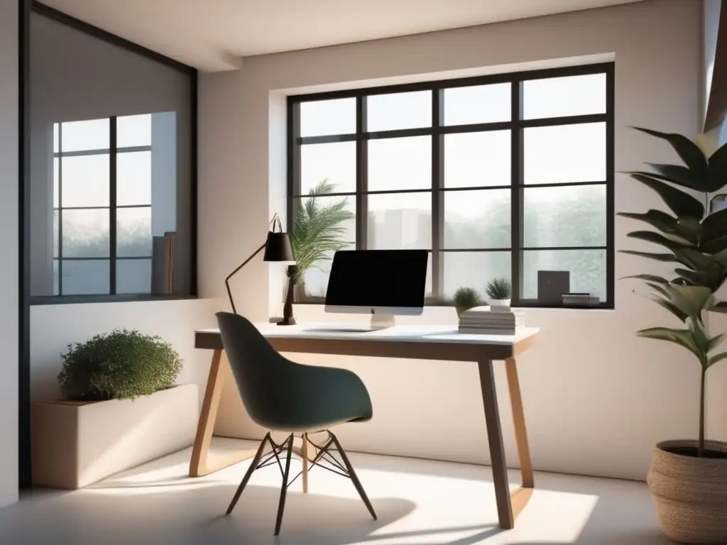 Espacio de estudio sereno y minimalista Espacio de estudio sereno y minimalista con escritorio moderno, luz natural y organización para estudiar