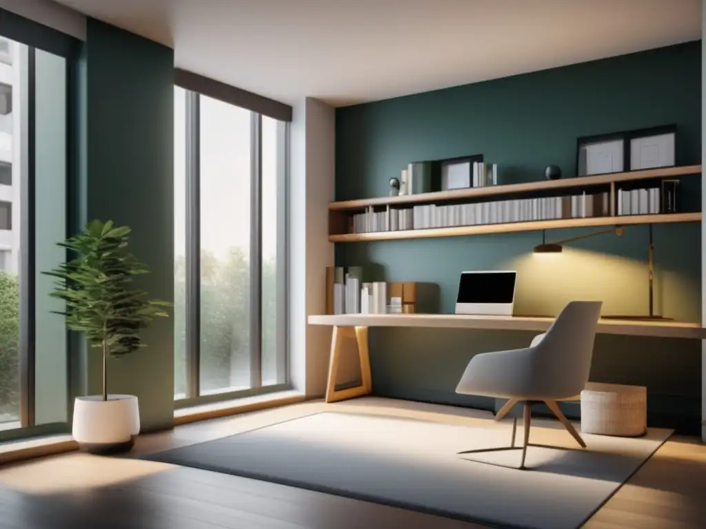 Espacioso y minimalista ambiente de estudio Espacio de estudio tranquilo y minimalista con escritorio ergonómico y estanterías organizadas, perfecto para estudiar