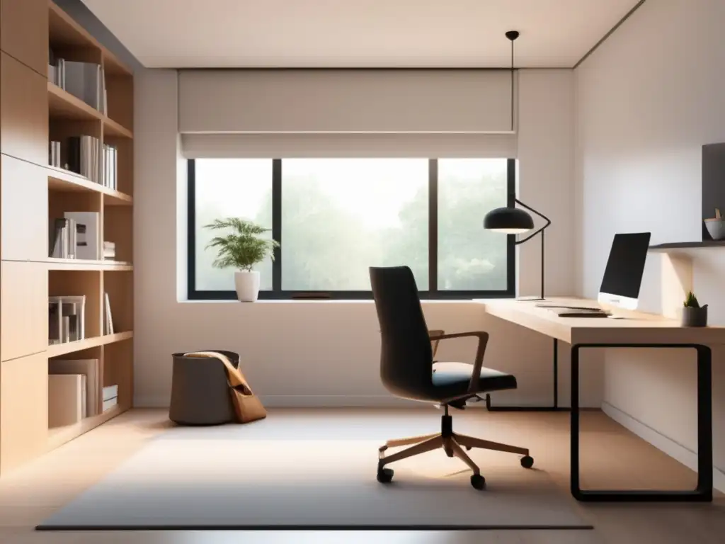Espacio de estudio minimalista Espacio de estudio universitario eficiente con escritorio minimalista, luz natural y decoración tranquila