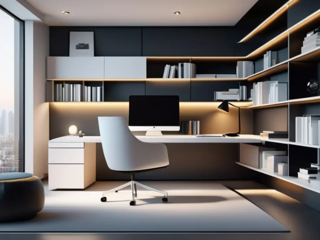 Espacioso y minimalista estudio universitario Espacio de estudio universitario eficiente con escritorio minimalista, silla ergonómica y estanterías organizadas