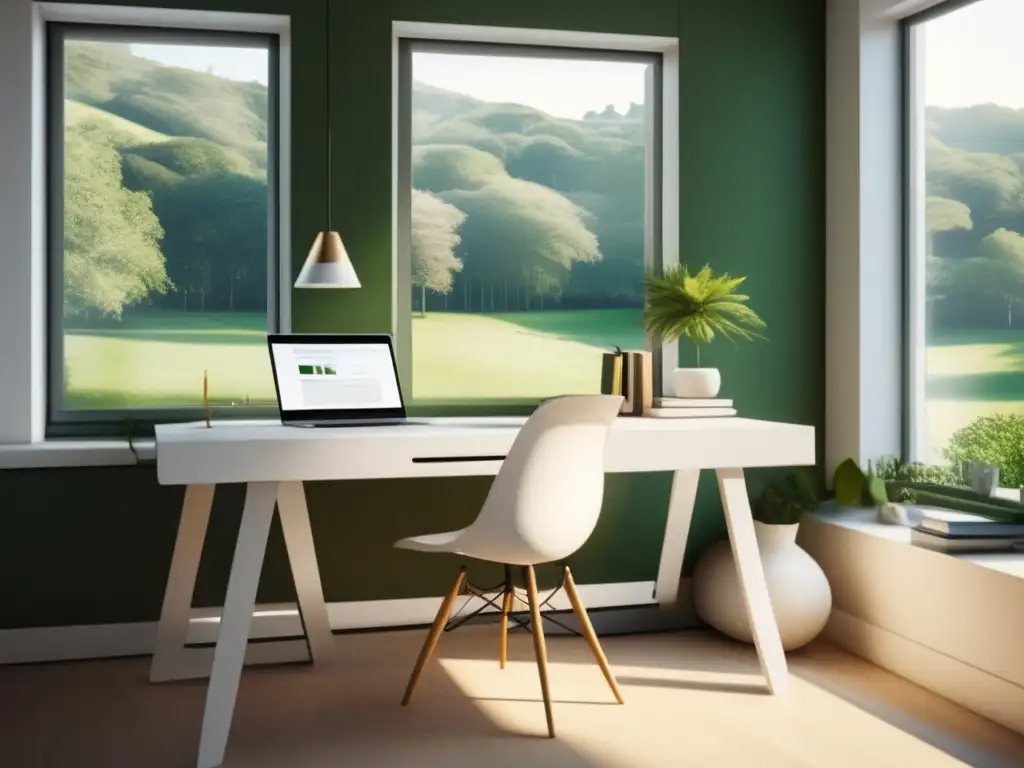 Espacio de estudio minimalista y moderno Espacio de estudio universitario con escritorio blanco y ventana panorámica hacia paisaje verde - Consejos para preparación universitaria