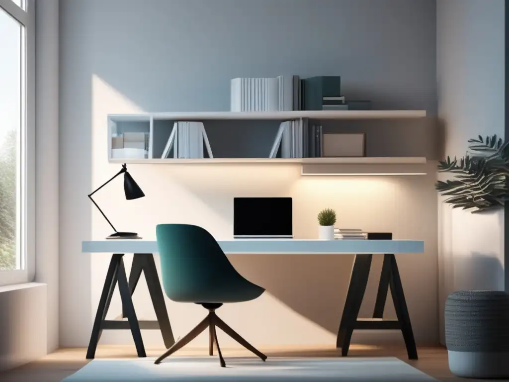 Espacio de estudio sereno y acogedor Espacio de estudios sereno y acogedor con escritorio blanco minimalista y elementos motivadores