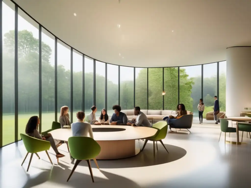 Sala de estudio colaborativa con amplias vistas Espacio luminoso con vistas a paisaje verde, estudiantes colaborando, técnicas innovadoras para proyectos preuniversitarios