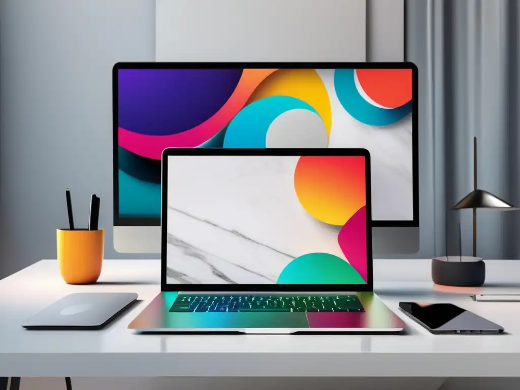 Espacio de trabajo minimalista y moderno Espacio minimalista con escritorio de mármol blanco, laptop plateada, arte abstracto, accesorios de oficina modernos y vista urbana al atardecer