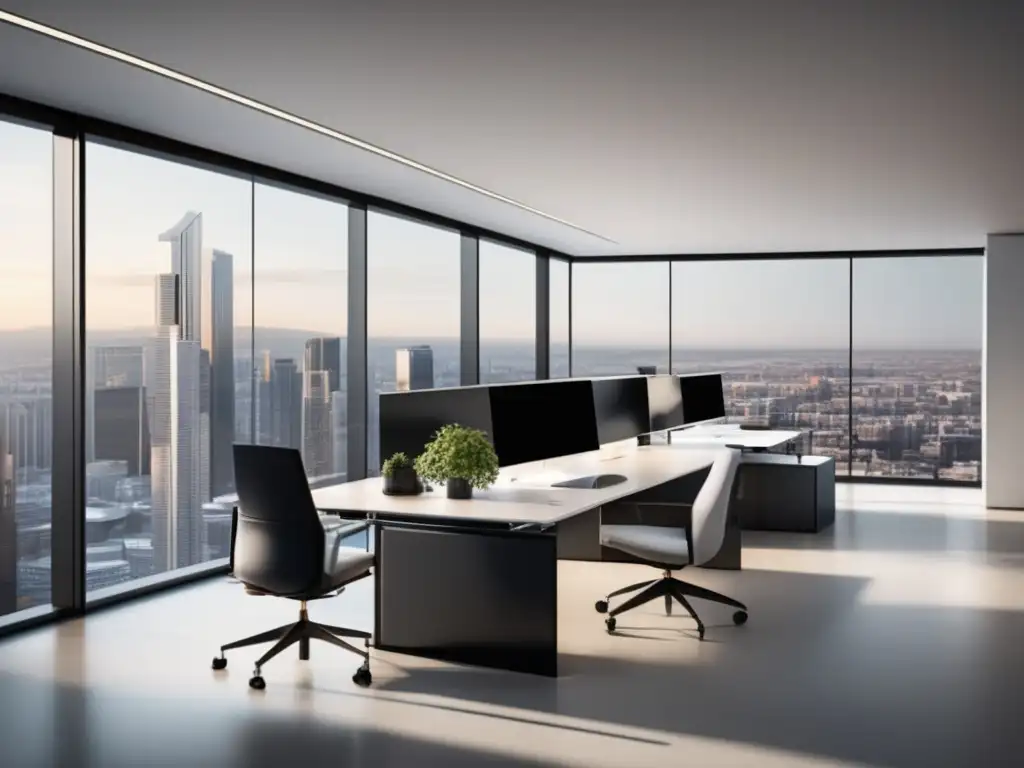 Oficina minimalista con vista panorámica Espacio de oficina minimalista y elegante con vista panorámica de la ciudad - Guía completa admisiones universitarias