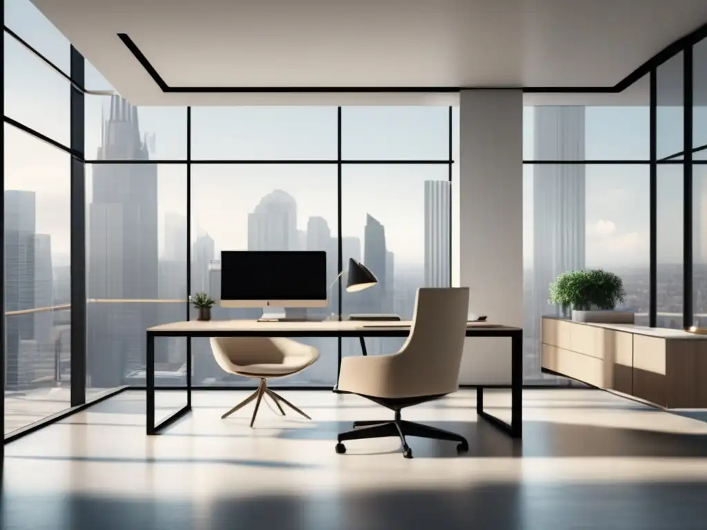 Espacio de oficina moderno y minimalista Espacio de oficina minimalista y moderno con ventanales y luz natural