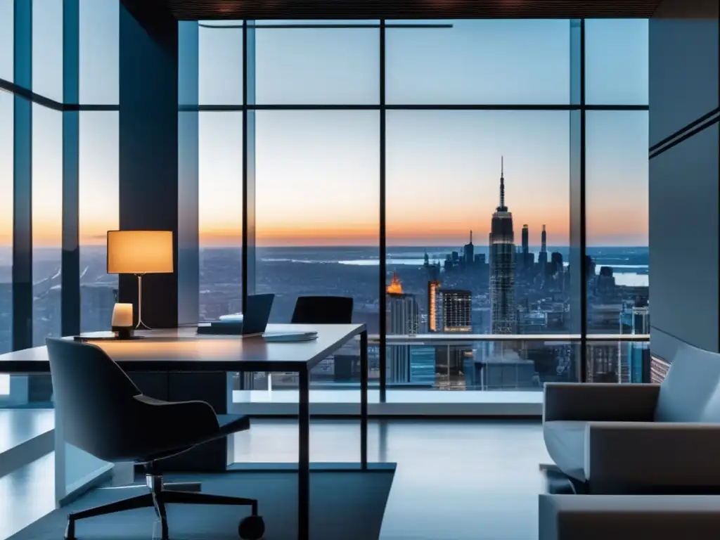 Ultraoficina minimalista con vista a la ciudad Espacio de oficina moderno con vista a la ciudad y mobiliario contemporáneo
