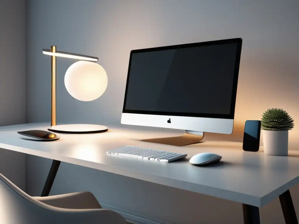 Espacio de trabajo minimalista y moderno Espacio de trabajo minimalista con diseño moderno, iluminado por lámpara elegante