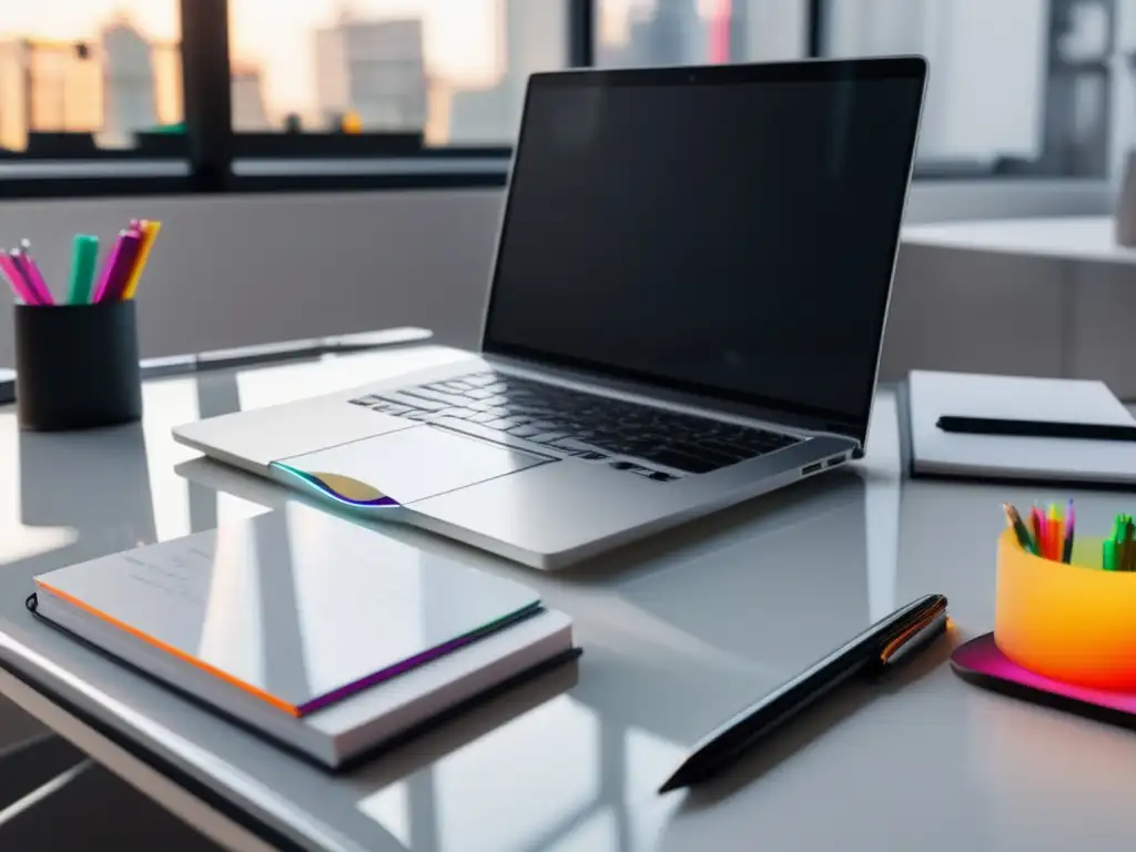 Espacio de trabajo minimalista y organizado Espacio de trabajo minimalista con escritorio de vidrio y chrome