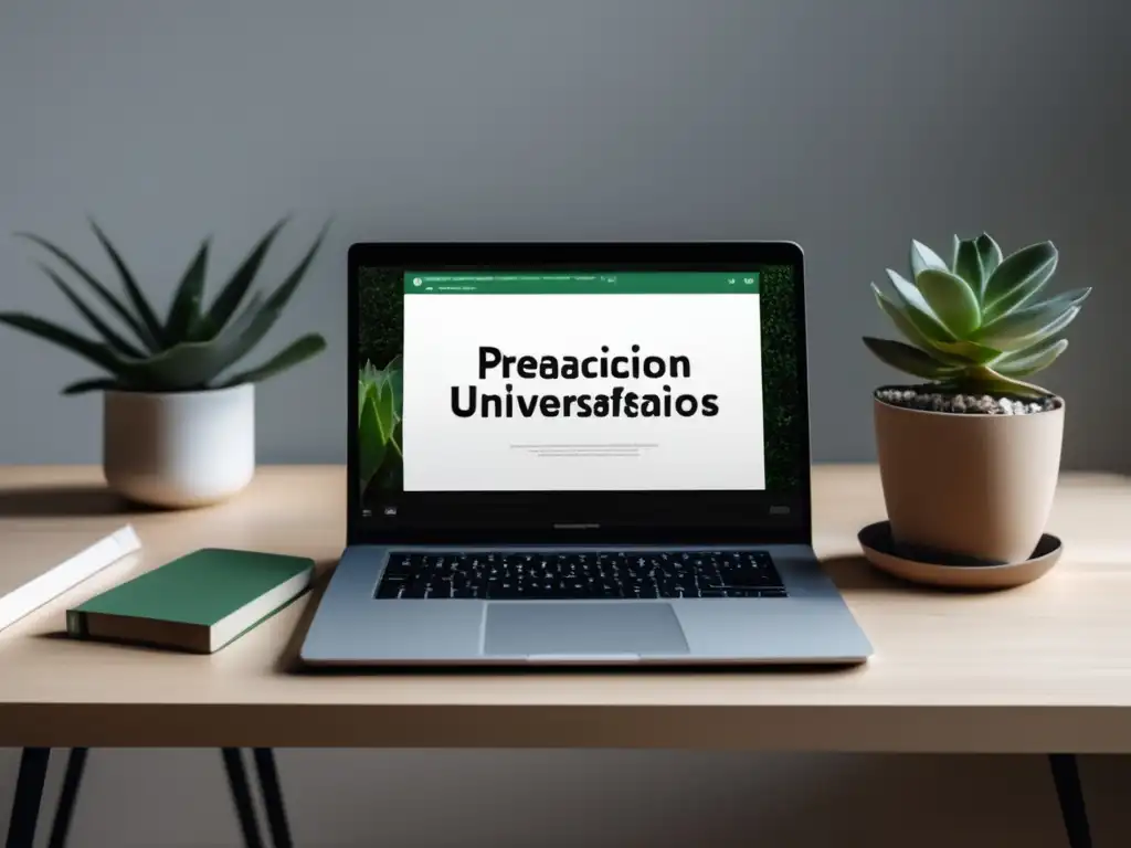 Espacio de trabajo minimalista y sereno Espacio de trabajo minimalista con escritorio de madera clara, laptop y preparación emocional para desafíos universitarios