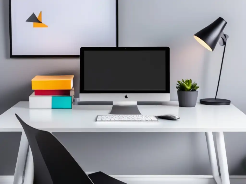 Espacio de trabajo minimalista y productivo Espacio de trabajo minimalista con escritorio blanco, lámpara suspendida y técnicas innovadoras para proyectos preuniversitarios