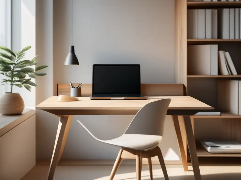 Espacio de trabajo minimalista y organizado Espacio de trabajo minimalista con escritorio de madera clara