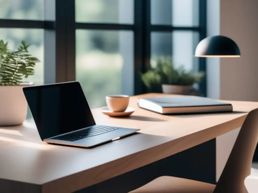 Espacio de trabajo minimalista y sereno con escritorio de madera clara Espacio de trabajo minimalista con escritorio de madera clara, laptop y técnica Pomodoro para exámenes de admisión