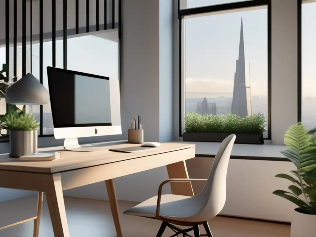 Espacio de trabajo moderno y minimalista Espacio de trabajo minimalista con escritorio de madera clara, laptop, bloc de notas y bolígrafo