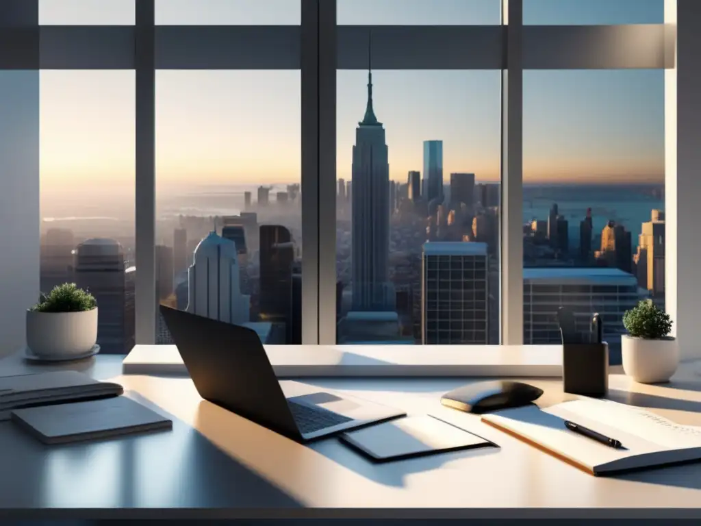 Espacio de trabajo moderno y organizado Espacio de trabajo minimalista con escritorio blanco y vista a la ciudad, mostrando preparación portafolio admisiones universitarias