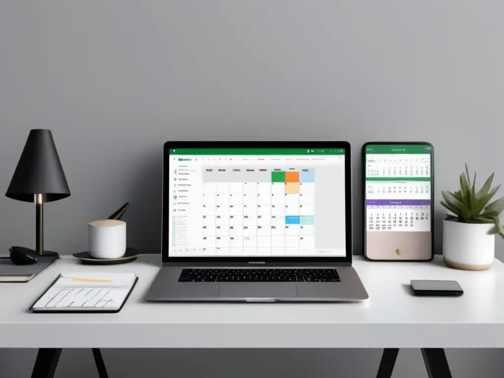 Espacio de trabajo minimalista con app de productividad Un espacio de trabajo minimalista con un escritorio blanco y una pared gris clara
