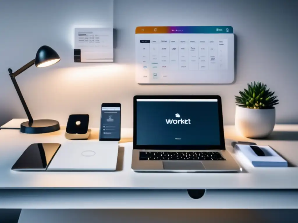 Espacio de trabajo minimalista con escritorio moderno Espacio de trabajo minimalista con escritorio moderno y organizado, mostrando herramientas tecnológicas y una agenda detallada