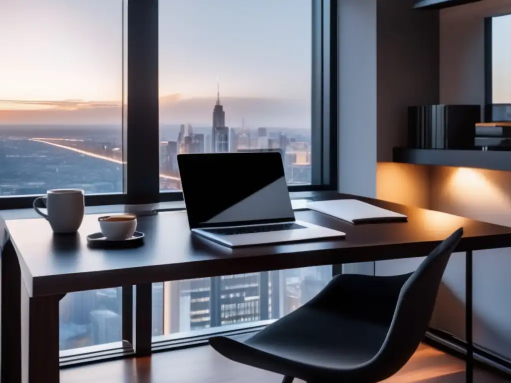 Espacio de trabajo minimalista con vista panorámica Espacio de trabajo minimalista con escritorio de madera oscura organizado y vista panorámica de la ciudad