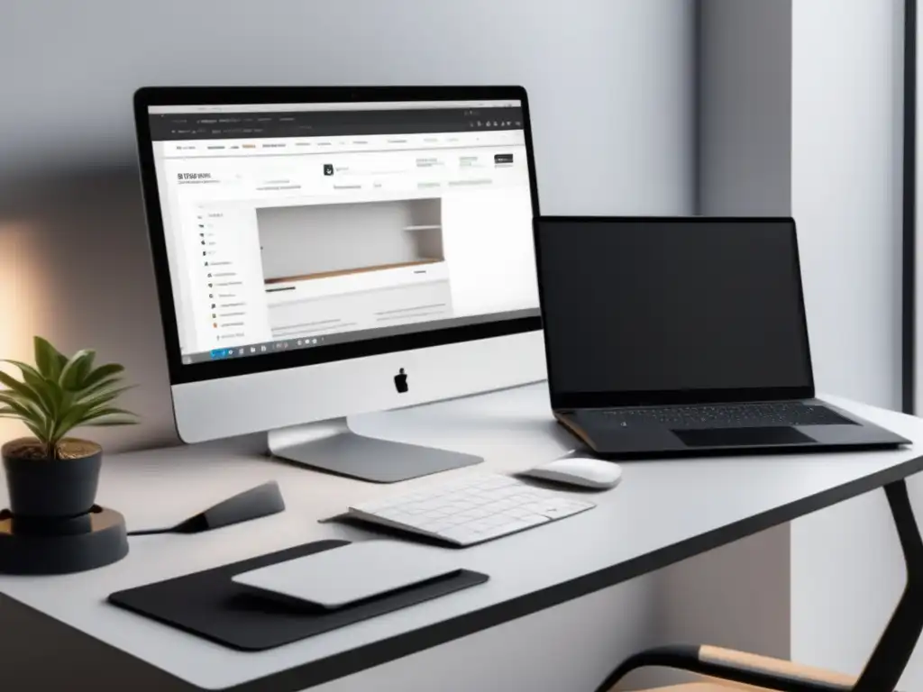 Espacio de trabajo minimalista y equilibrado Espacio de trabajo minimalista con laptop, plantas y vista urbana al atardecer