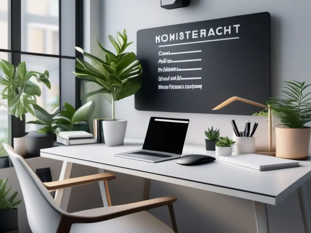 Espacio de trabajo minimalista y moderno Espacio de trabajo minimalista con laptop, libros, notas y planta