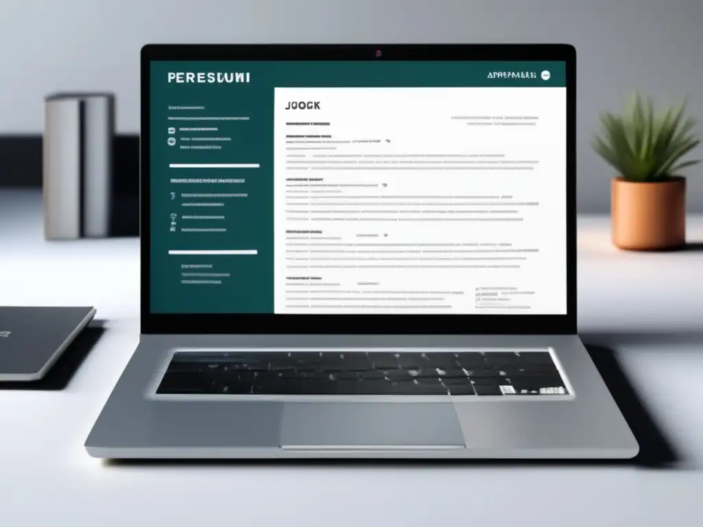 Espacio de trabajo minimalista con CV personalizado Espacio de trabajo minimalista con laptop, currículums y cuaderno; estrategias innovadoras de admisiones universitarias
