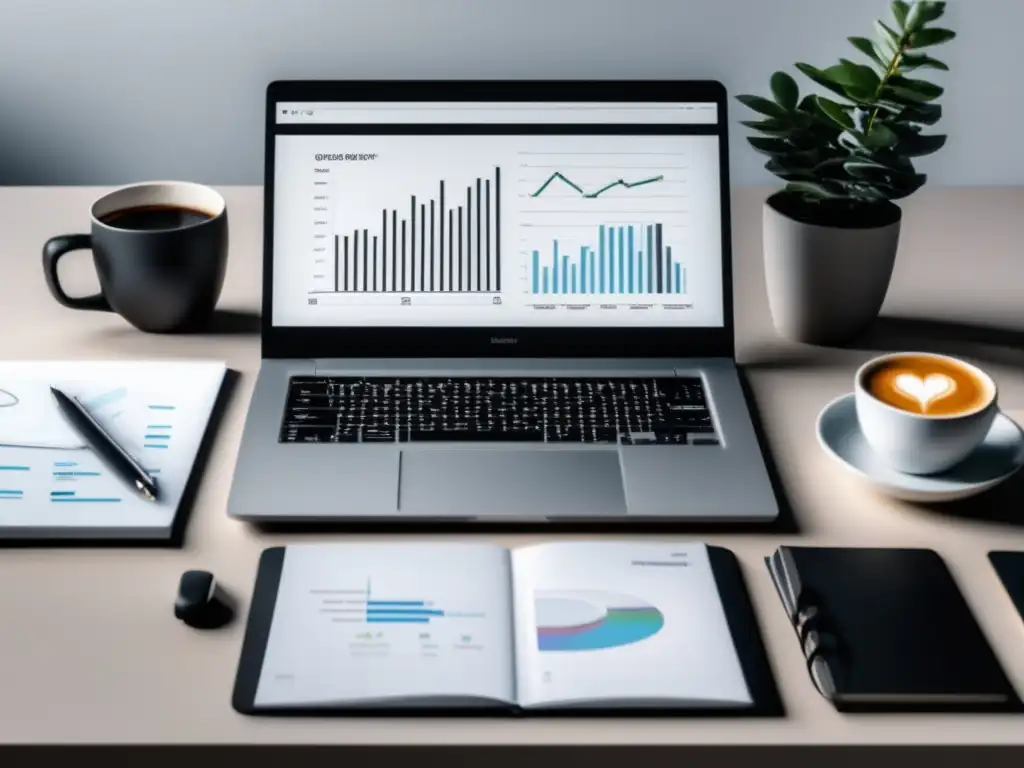 Espacio de trabajo minimalista y moderno Espacio de trabajo minimalista con laptop, gráfico de crecimiento profesional y elementos de oficina cuidadosamente organizados