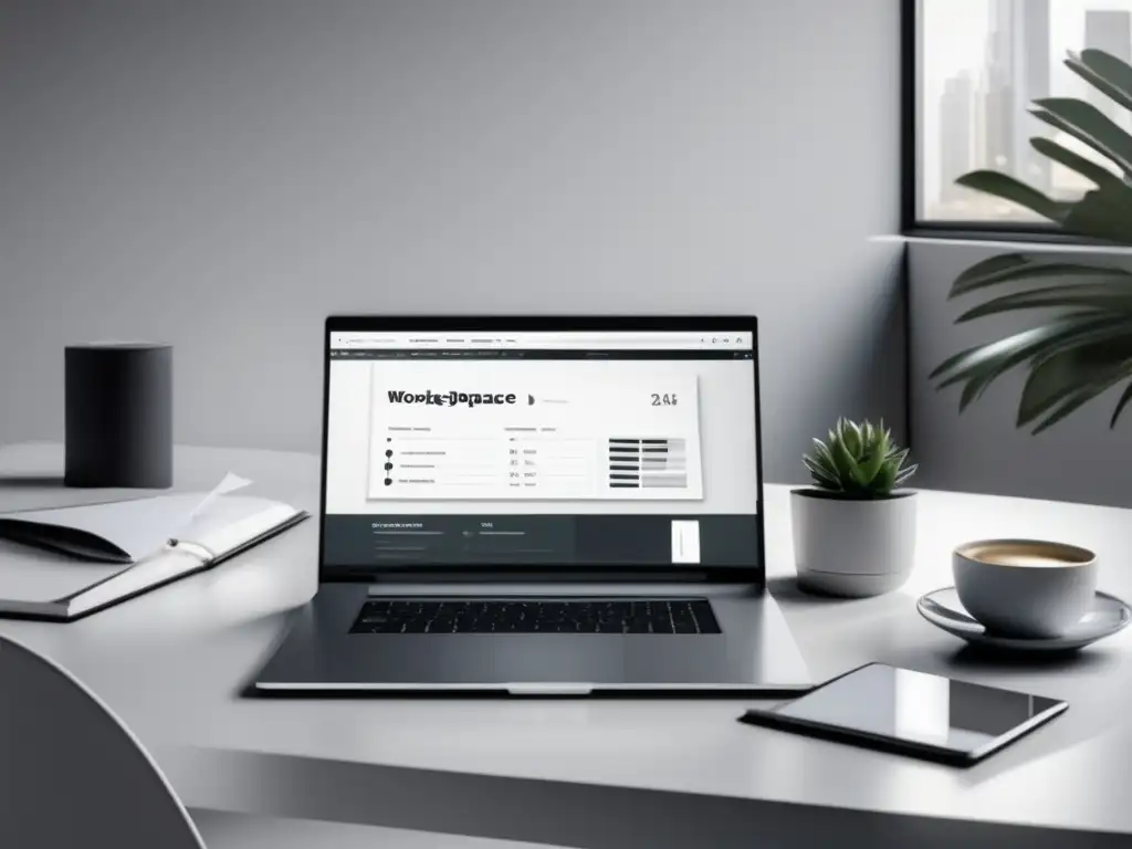 Espacio de trabajo minimalista y organizado Un espacio de trabajo minimalista y moderno con vista a un jardín tranquilo