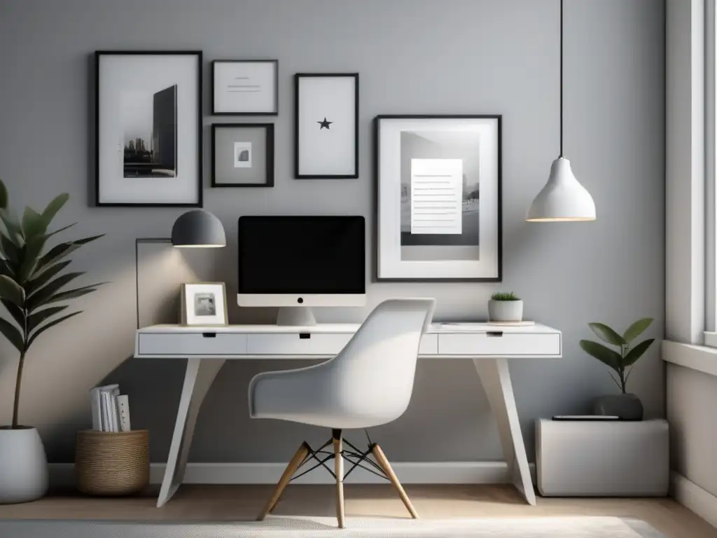 Espacio de trabajo moderno y minimalista Espacio de trabajo minimalista y moderno con escritorio blanco, laptop, cuaderno y bolígrafo