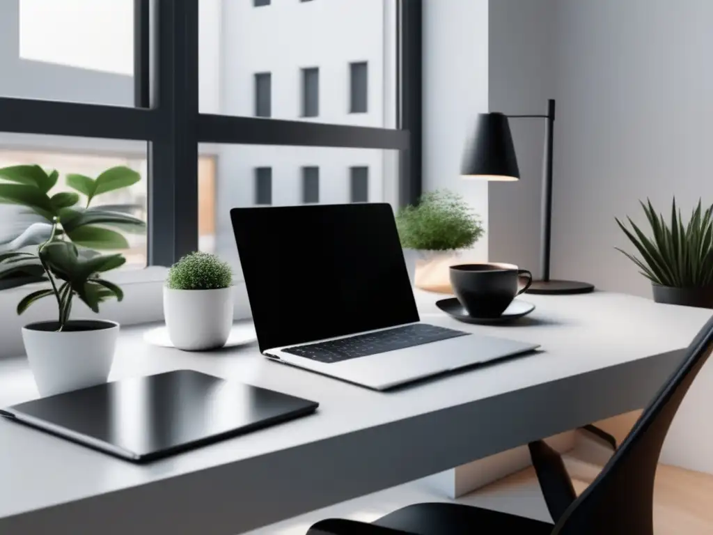Espacio de trabajo minimalista y moderno Espacio de trabajo minimalista y moderno con escritorio blanco y silla ergonómica negra - Preparación pruebas aptitud universidades latinoamericanas